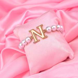 Bracelet: Estele Rose Gold Plated Nestled "N" Letter Glass Pearl Bracelet for Women