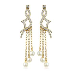 Earring: Hanging Glass Pearl Diamante Earrings