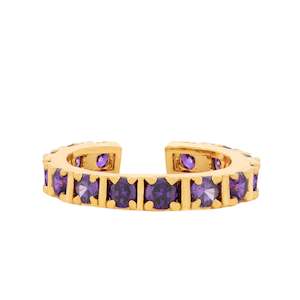 Fancy gold plated band ring with multiple square purple american diamonds (adjustable)
