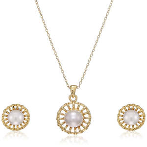 Necklace Set: Estele - 24 CT gold plated Glass Pearl Floral Stud Pendant Set for Women