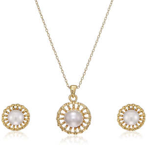 Necklace Set: Estele - 24 CT gold plated Glass Pearl Floral Stud Pendant Set for Women