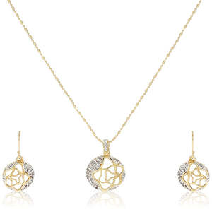 Necklace Set: Estele  - Gold Plated American Diamond Circle with Flower Pendant Set