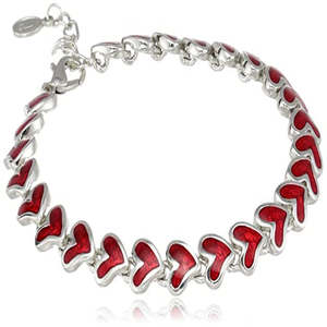 Lamore: Estele Rhodium Plated Red Enamel Heart Mile Tennis Bracelet for women
