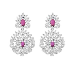 Legacy: Estele Rhodium Plated CZ Radiance Flower Designer Earrings with Pink Crystals for Women