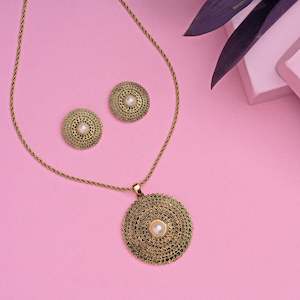 Oxidized: Estele 24 Kt Oxidized Gold Plated Pearl Mandala Chain Necklaces