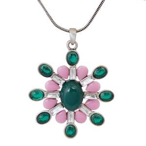 Oxidized: Estele pink and green flower pendant with oxidized black chain for women