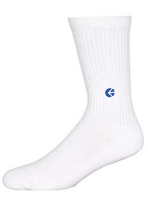 All Socks Exc Moto: White Crew Socks - Blue Logo