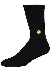 Mens Crew Socks: Black Crew Sock - Yellow Logo