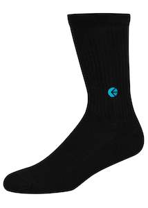 Mens Crew Socks: Black Crew Socks - Blue Blue Logo