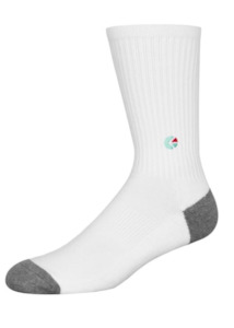 Mens Crew Socks: White Crew Socks - Turquoise Logo