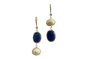 Handmade Natural Freshwater Baroque Pearl Lapis Lazuli Asymmetric Drop Earrings