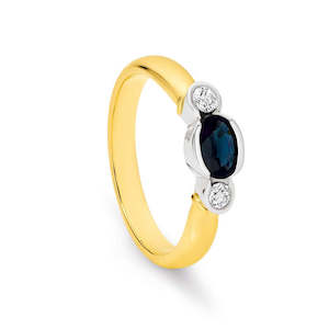 Wedding Rings: 9K Yellow Gold Oval Sapphire & 2 Diamond Semi Bezel Set Dress Ring TDW 0.12ct GH SI2-I1
