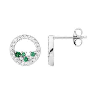 Earrings: STG WHITE CZ 10MM OPEN CIRCLE EARRINGS WITH SCATTERED GREEN & WHITE CZ