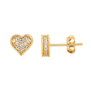 Earrings: STG SILVER WHITE CZ PAVE FLAT HEART EARRINGS WITH YELLOW GOLD PLATED