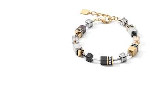 Fashion Jewellery Coeur De Lion: COEUR DE LION BRACELET GOLD PLATED ST/ST GEO-CUBE IN BLACK/GOLD & TITANIUM OXIDE HEMATITE/ SYNTHETIC TIGER EYE/ RHINESTONE/ GLASS & EUROPEAN CRYSTALS