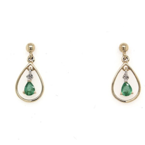 Diamond Earrings: 9K Yellow Gold Pear shape Emerald & Diamond Earrings with Fine Gold Halo