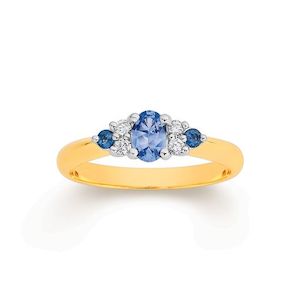 Coloured Gems Rings: 9K TWO-TONE GOLD DIAMOND & CEYLON SAPPHIRE RING