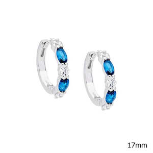 Coloured Gems Earrings: STG SILVER LONDON BULUE OVAL / WHITE ROUND CZ 17MM HOOP EARRINGS