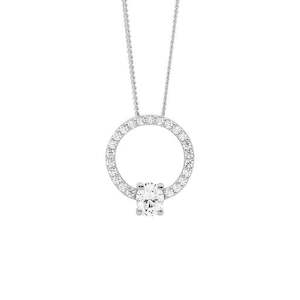 Coloured Gems Pendants: STG WHITE CZ 13MM OPEN CIRCLE PENDANT WITH OVAL CZ