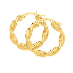 Plain Gold Earrings: 9K YG 3X15MM ROUND TWIST HOOP EARRINGS