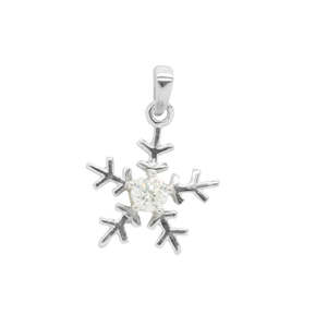 Plain Gold Pendants: 9k White Gold CZ Snow Flake Pendant with Sterling Silver Chain