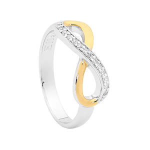 Silver Rings: ELLANI STG SILVER  HALF SIDE WH CZ INFINITY RING W/ GOLD PLATING