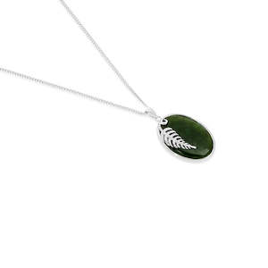 Pounamu: STG SILVER FERN / GREENSTONE PENDANT GREENSTON OVAL 25X18MM