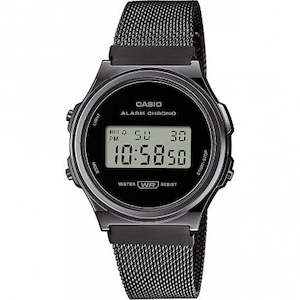 Casio Watches Men: CASIO MENS WATCH DIGITAL VINTAGE SERIES S/WATCH, ALARM, WR BLK LCD, SILV MESH BAND