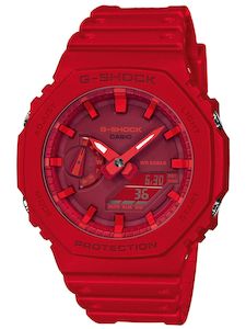 G Shock Watches: CASIO G-SHOCK NEW BASIC DUO SLIM, ALARM, S/W 200M , RED FACE& RESIN BAN