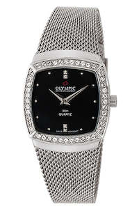 Olympic Ladies Watches: Olympic Ladies Watch Steel, Stones Set, Black Dial, Mesh Band, Swiss Movt, 30m