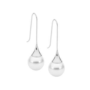 STAINLESS STEEL LONG DROP EARRINGS W/ SHELL PEARL