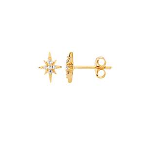 STG WHITE CZ STAR STUD EARRINGS W/ GOLD PLATING