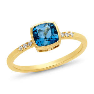 Diamond Rings: 9CT YG CUSHION CUT LONDON BLUE TOPAZ AND  7 lab grown diamond RING