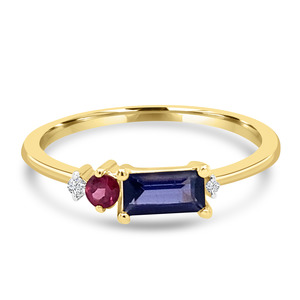 Coloured Gems Rings: 9K YG BAGUETTE LOLITE, ROUND RHODOLITE GARNET DIAMOND DRESS RING