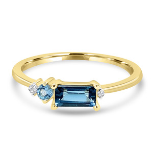 Coloured Gems Rings: 9K YG BAGUETTE ROUND BLUE TOPAZ DIAMOND DRESS RING