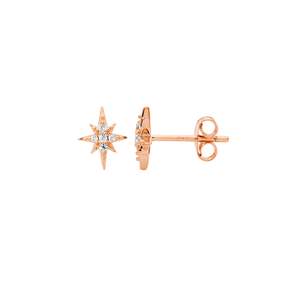 STG WHITE CZ STAR STUD EARRINGS W/ ROSE GOLD PLATING
