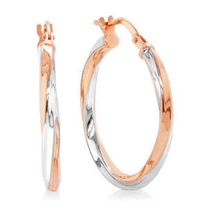 Plain Gold Earrings: 9CT RG & STG RHODIUM PLAT TWISTED HOOPS