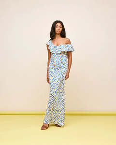 RUBY - Hazel Ruffle Dress in Blue Scatter Heart