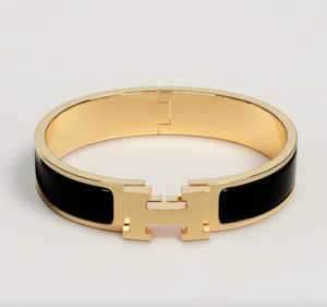 Hermès Gold Plated Clic H Bracelet in Black Enamel - FULL SET