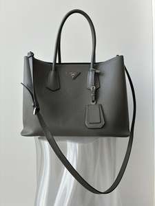 500 999: Prada Medium Saffiano Cuir Double Bag in Grey Leather