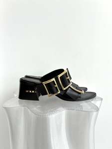 100 300: Tibi Big Buckle Leather Heeled Slides