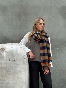 All Clothing: Block Check Navy & Orange 100% Merino Scarf