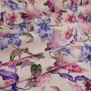 Linen: Mulberry 100% Linen Pre-Washed Print - Floral on White Base