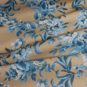 Linen: Delancey 100% Linen Print - Blue on Beige Romantic Floral