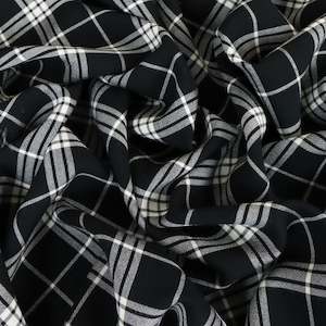 Viscose: Viscose Crepe Windowpane Check Designer End - Black