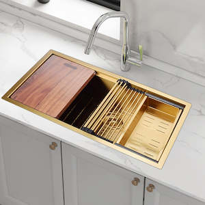 Kitchen Sinks: 32" Workstation Kitchen Sink – Single Bowl Design with Nano Finish in Gold with sand-finish