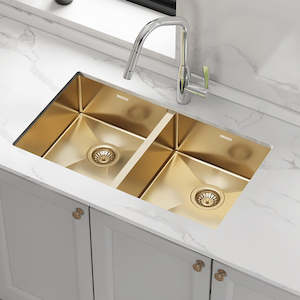 Kitchen Sinks: 775x450mm Handmade 1.5mm Stainless Steel Sink – Undermount/Topmount with Waste & Gold with sand-finish Look