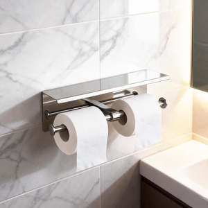 Double Toilet Paper Holder with Shelf Wall Mounted Bathroom Storage Rack