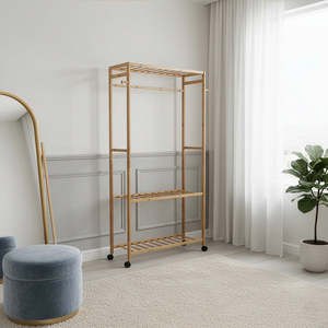 Home Furniture: Heavy Duty Wooden Clothes Rail with Shelves & Wheels – Open Wardrobe Rack Stand