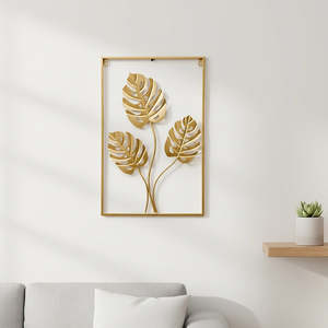 Home Furniture: Metal Wall Picture with Leaves 40 x 60 cm Golden Decoration